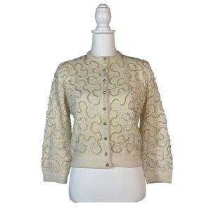 Vintage Lace Sequins Cardigan Women's S  3/4 Sleeve Sweater Cream Reto Glam